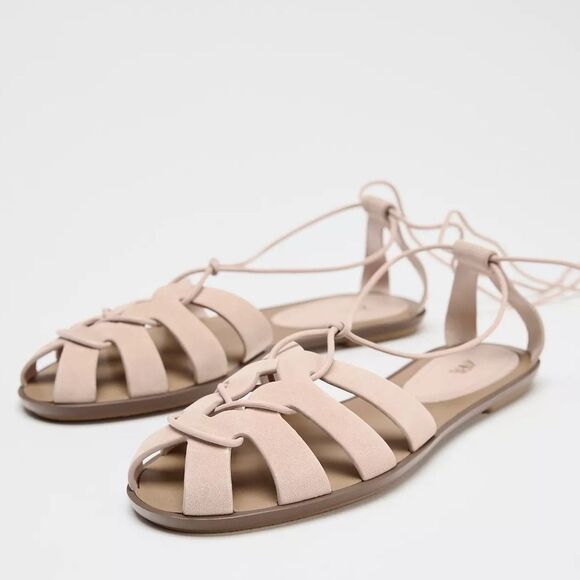 ZARA TIED SPLIT LEATHER FISHERMAN SANDALS - Picture 1 of 5